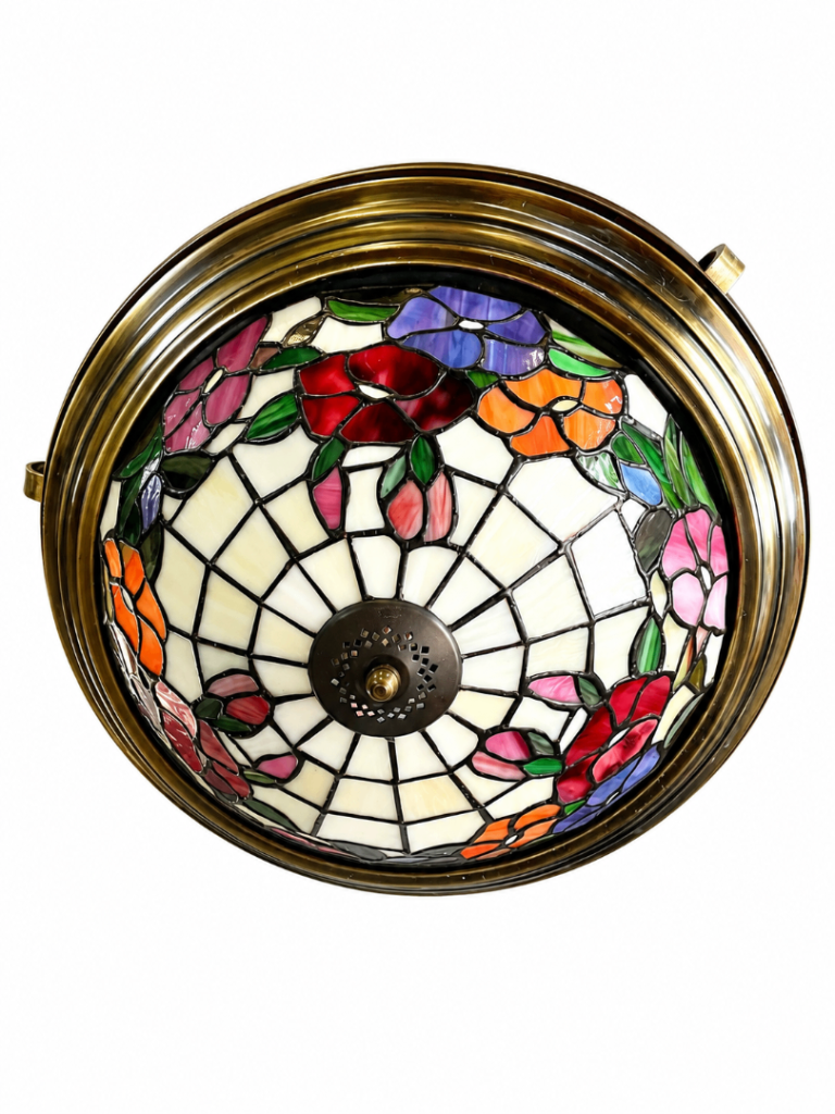 Tiffany Style Stained Glass Ceiling Light / Flush Mount Lamp – Antique Brass Finish