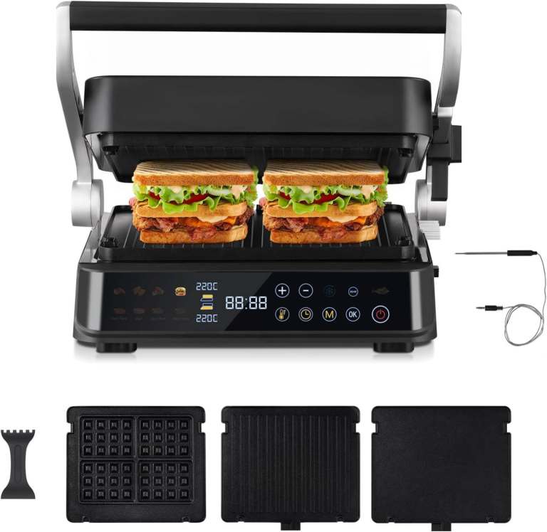 AMZCHEF 6-in-1 Health Grill & Griddle with 180° Adjustable Plates, GrillBoost (280°C) – Indoor Grill