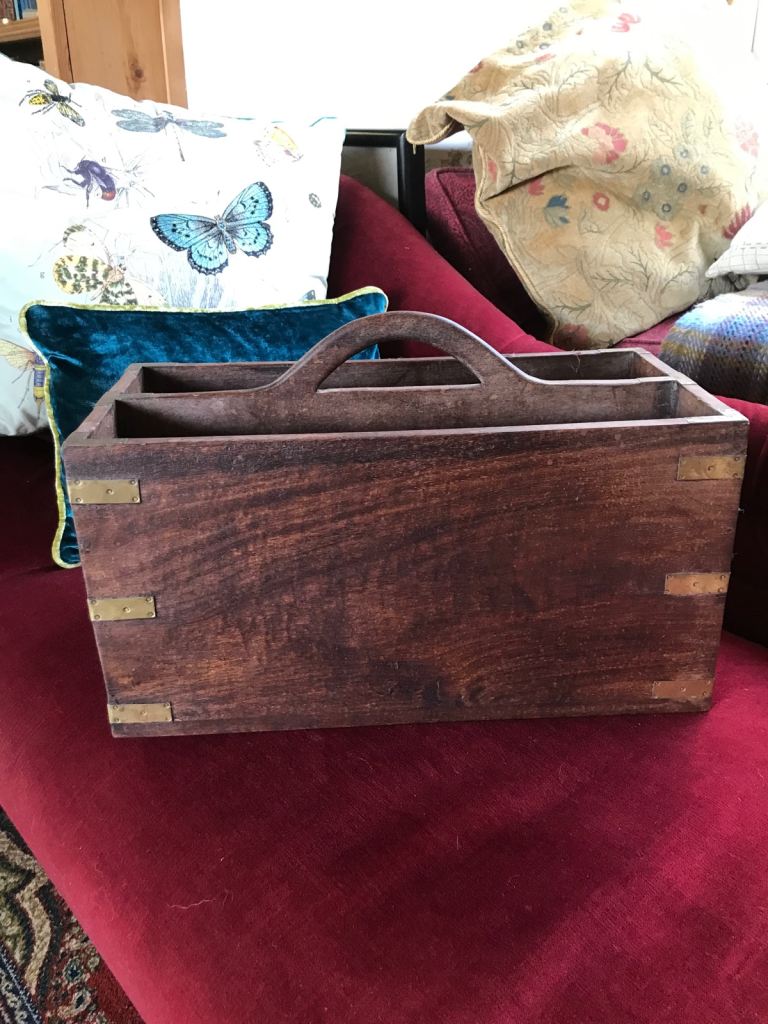 Antique wooden brass bound caddy/ magazine rack