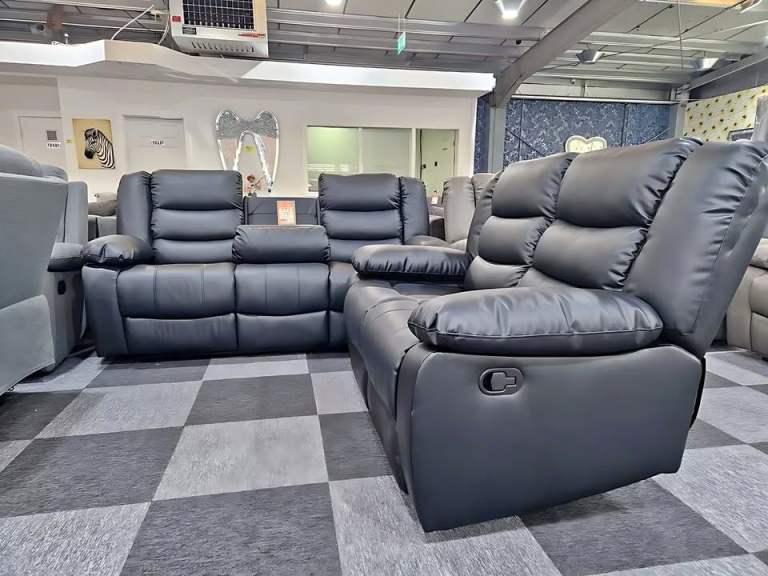 Roma Recliner Sofa Set | Brand New Corner and 3+2 Seater Sofa with Cup Holder | Grey & Black Color