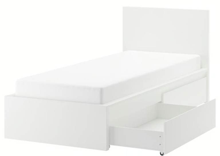 White single bed frame with two storage drawers 