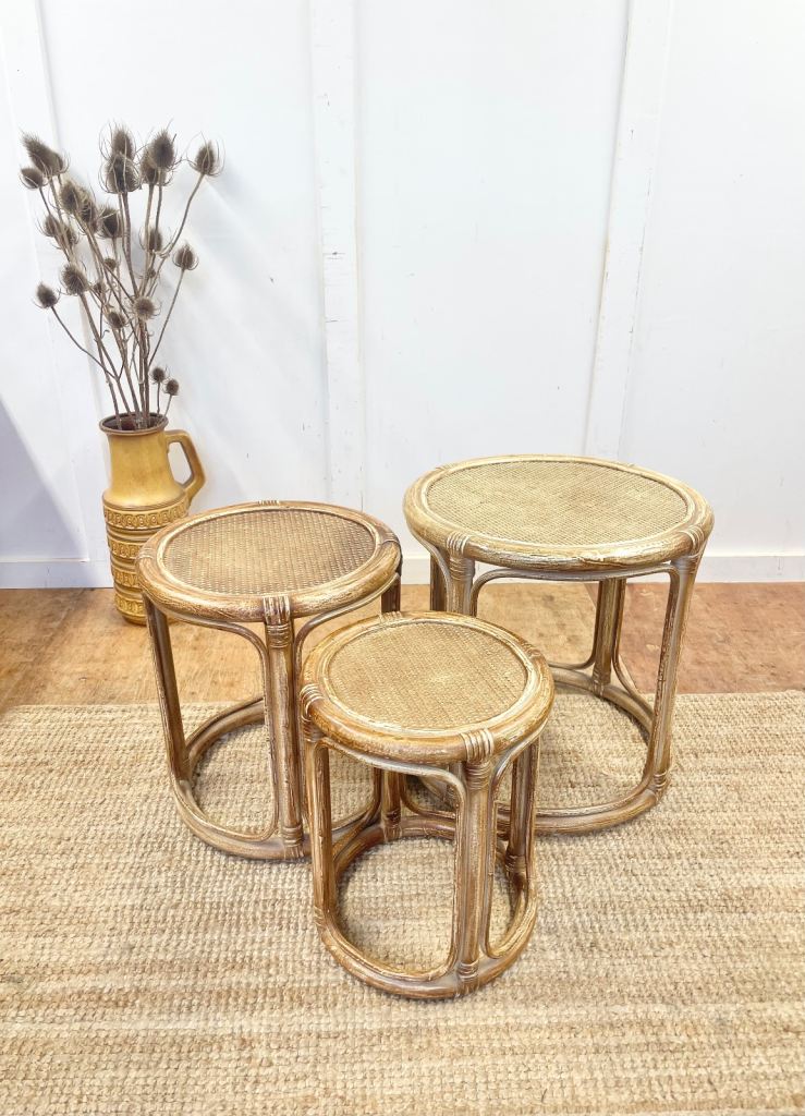 Scandi cane bamboo rattan vintage retro nesting tables coffee table nest of tables boho 🚚