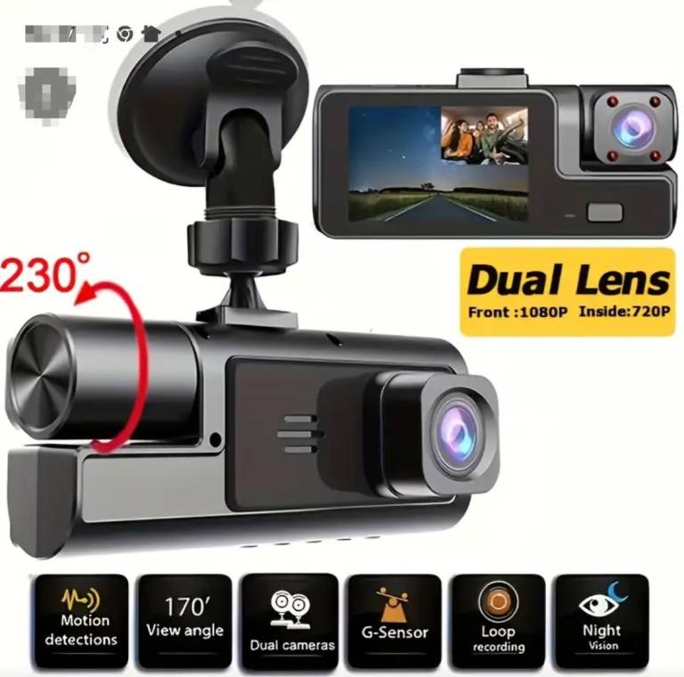 Dual-Lens HD DashCam, 1080p Front Camera, 720p Inner Camera + 520mb Memory Card