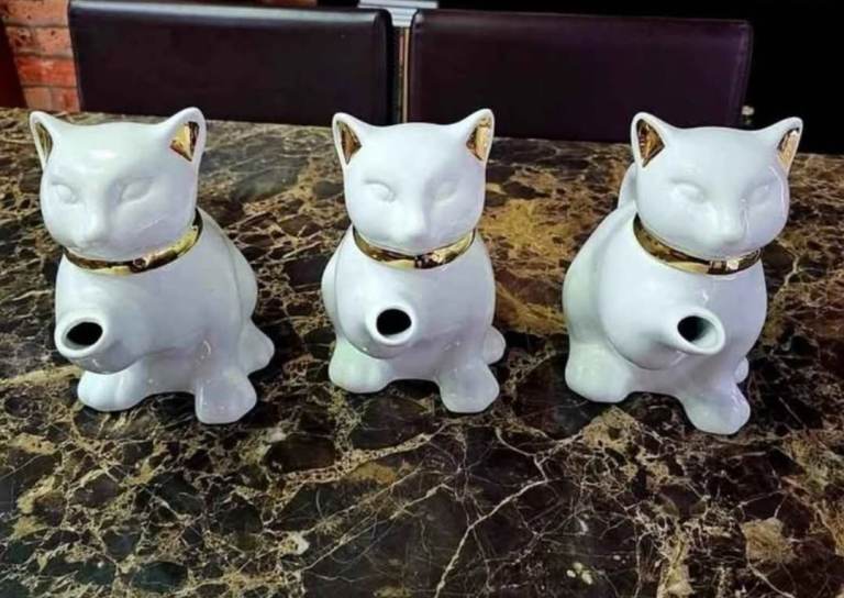 Set of Cat Ceramic Teapots - White with Gold Trim