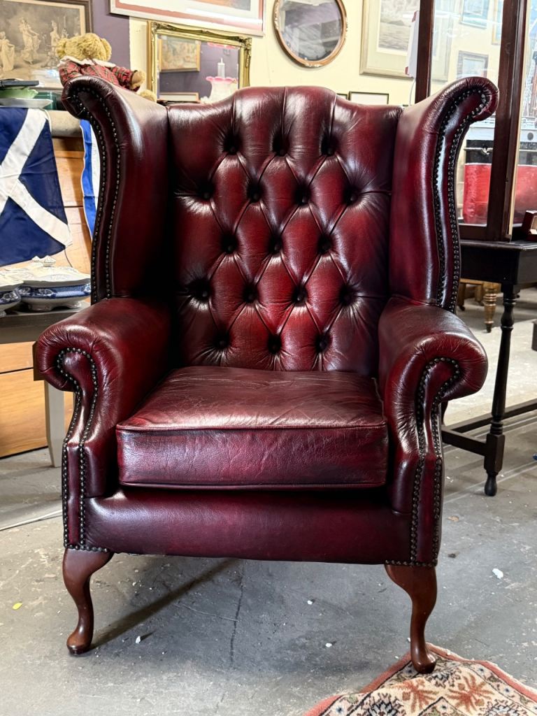 Vintage Oxblood Leather Chesterfield Wingback Library Chair