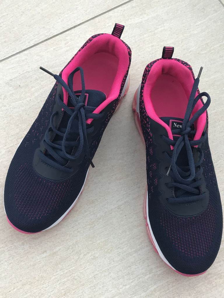 LADIES NAVY AND PINK LACE UP TRAINERS - SIZE 8 - WORN ONCE