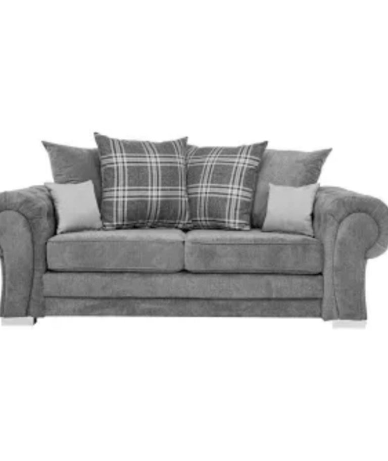 Grey Two-Seater Sofa with Plaid Cushions – Good Condition