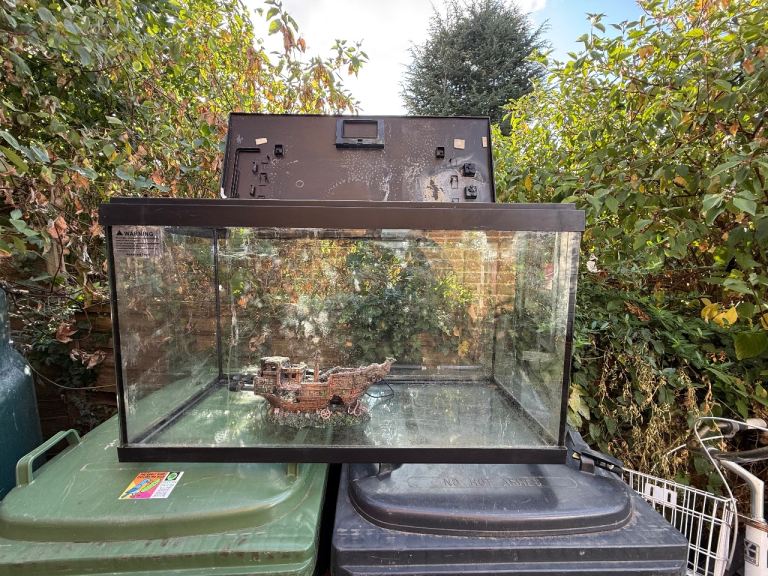 Large Glass Fish Tank with Lid and Decoration