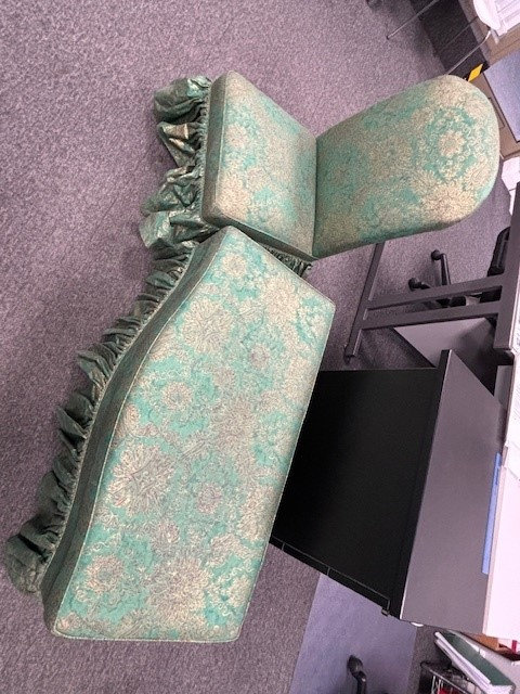 Chest and matching chair for sale with green fabric pattern cover