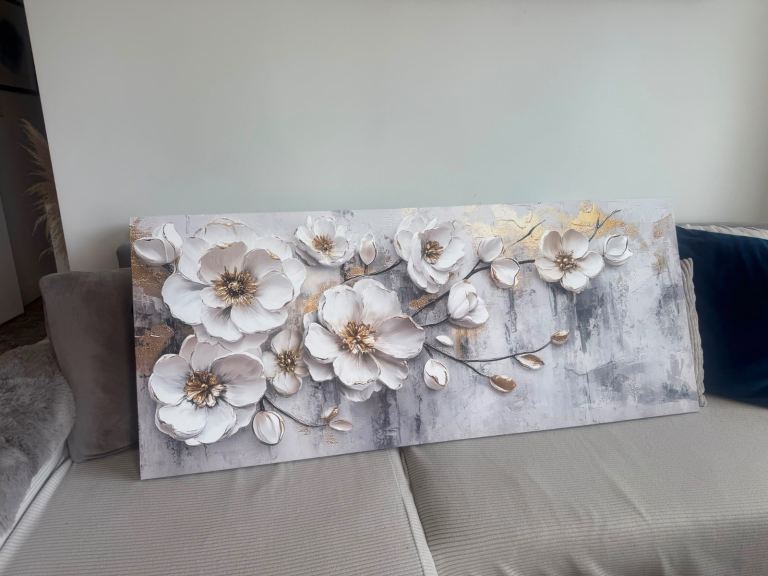 Beautiful 3D Floral Canvas Wall Art Painting – White & Gold