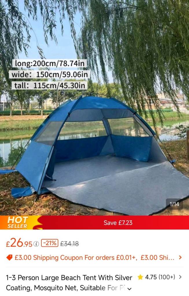 New 1-3 Person Large Blue Beach Tent with Mosquito Net