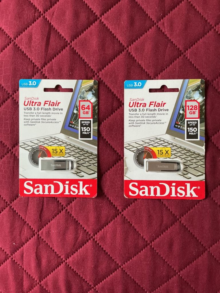 2 Sealed San Disk Ultra Flair U.S.B. Flash Drives 128GB & 64GB Respectively 
