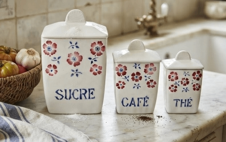 Set of three vintage French ceramic kitchen canisters 