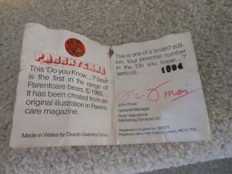 Dean's Parentcare bear - 'Do You Know' -Rare