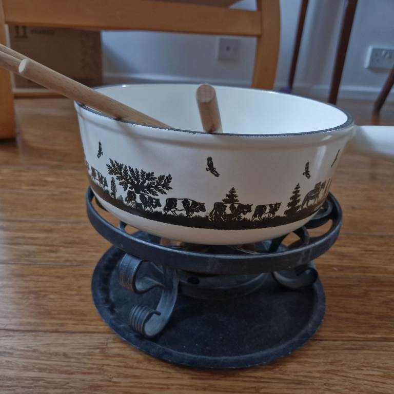 Vintage Enamel Fondue Pot with Stand and Forks