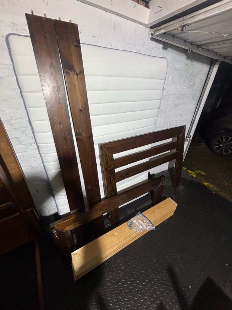 image for Solid wooden double bed frame & mattress