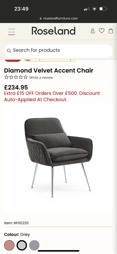 4 x Diamond Velvet Accent Chairs – Grey – Excellent Condition
