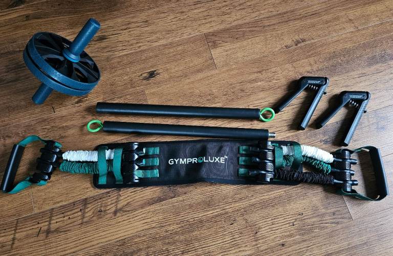 Resistance Band & Bar, Ab Roller & Grip Puller
