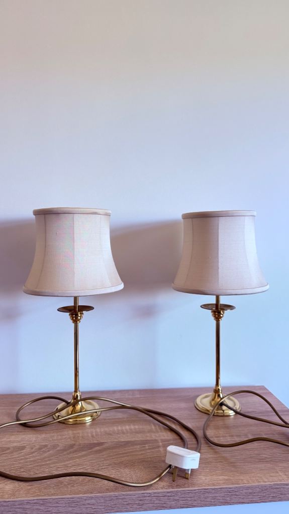 Pair of Small Brass Table Lamps with Cream Shades