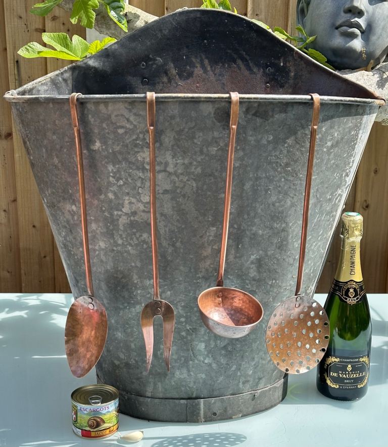 VINTAGE FRENCH COPPER KITCHEN UTENSILS - LADLE FORK SKIMMER SPOON - SCRATCH MADE - WILL POST!