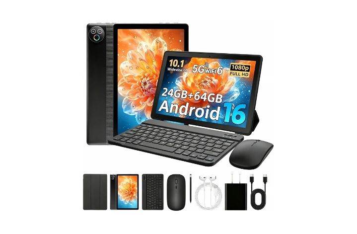 Android 16, 10 inch Tablet with Pen Case Keyboard Mouse Earphone, 24GB RAM+64GB ROM (TF 1TB).