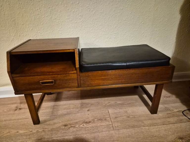 Mid Century teak telephone table with black vinyl seat £100
