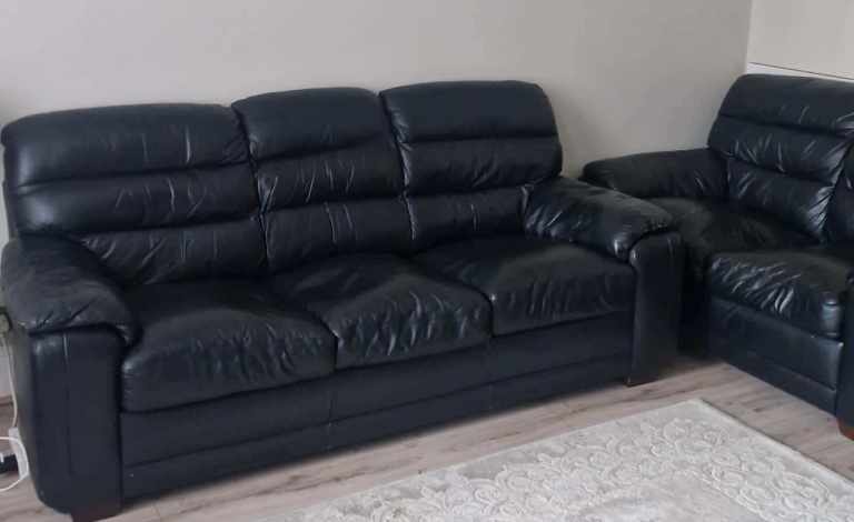 Black Leather 3-Seater Sofa - Fair Condition