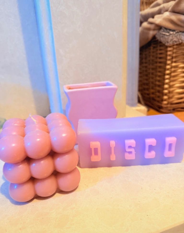 Trendy Candle Decor Bundle – Disco Ball, Bubble Cube & Wavy Pillar