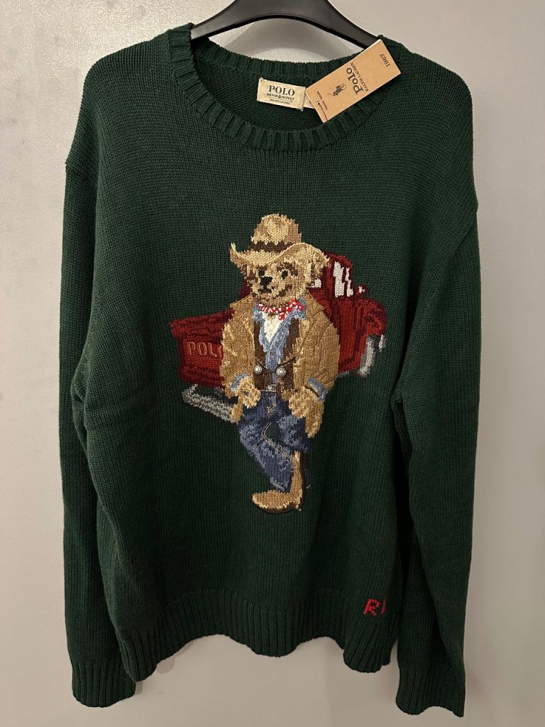Polo Ralph Lauren Bear Jumper Pullover Knit Sweater Green Cowboy Truck Cardigan Size L