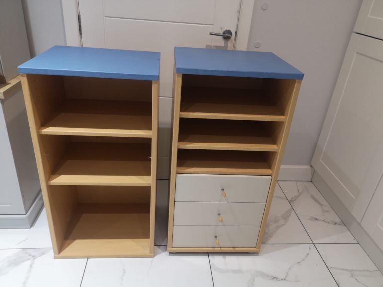 Pair of Wooden Storage Units with Blue Tops