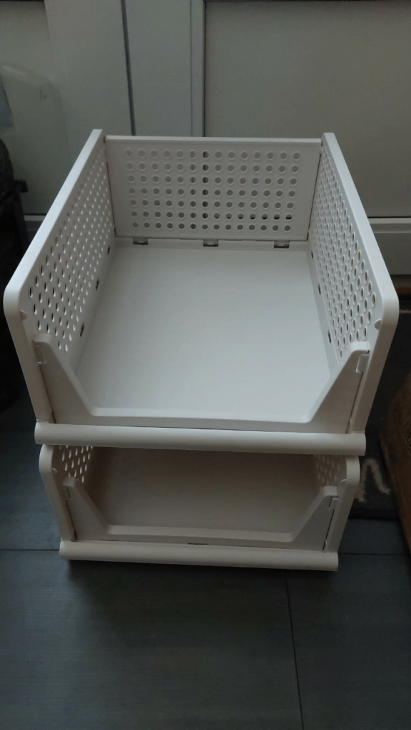 Stackable Plastic Storage Bins - White, Good Condition