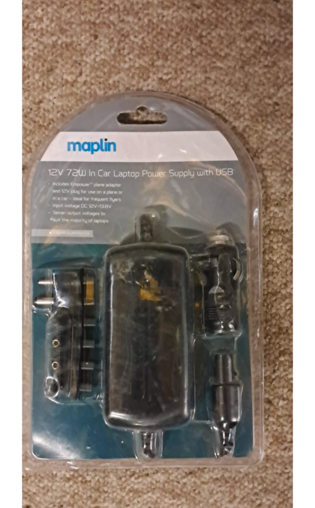 New Certified Maplin 72W In-Car Laptop Charger With USB Multi Voltage & 6 Power Tips