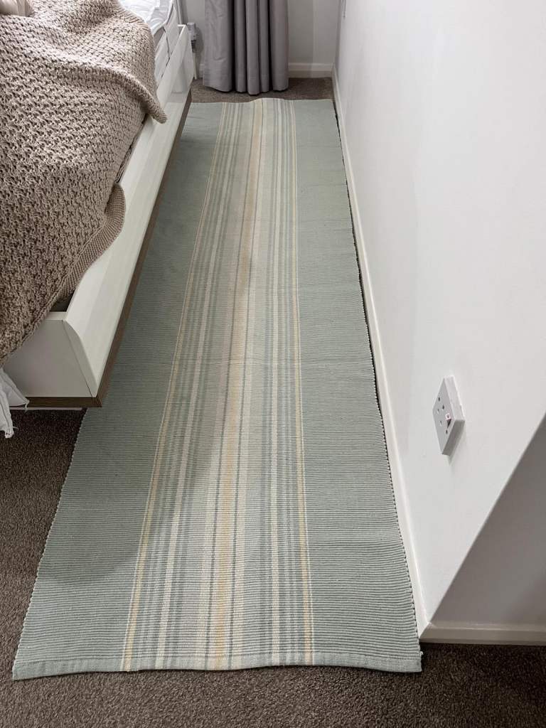 Laura Ashley carpet runner 94” long 27” wide main colours are pale duck egg green/blue cream 