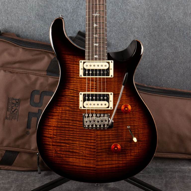 PRS SE Custom 24 Flame Black Gold burst top with Fitted Gig Bag.