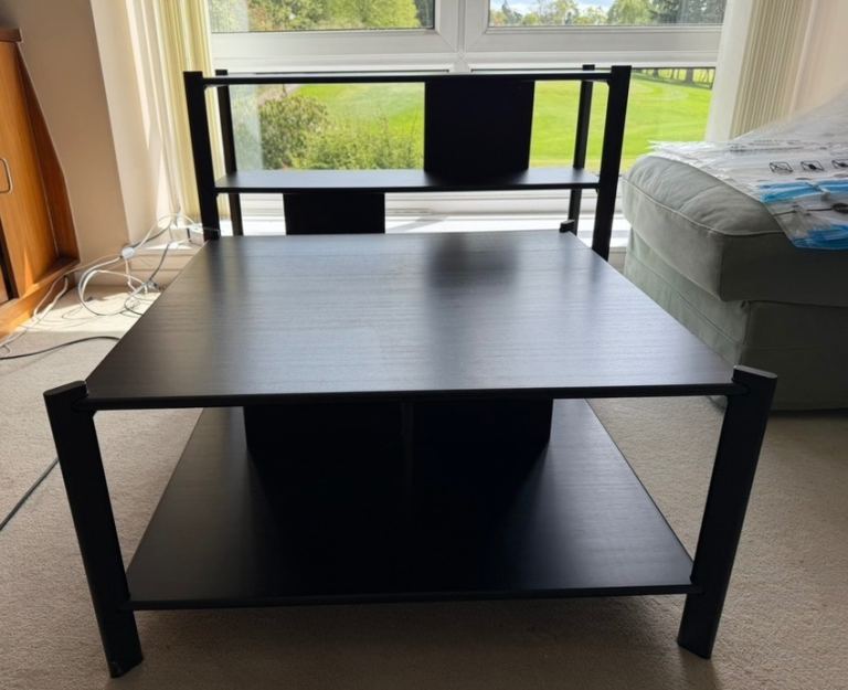 Black Wooden TV Unit / Coffee Table with Shelves – Good Condition