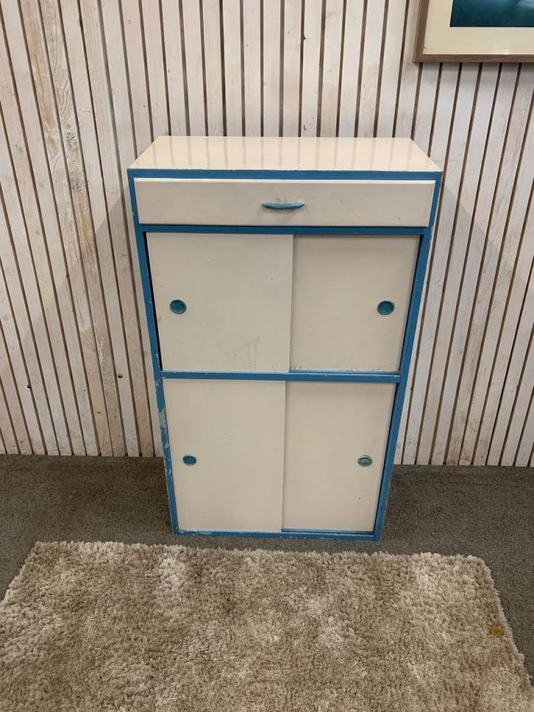 image for Kitchen Cabinet / Larder. Vintage 1950s in White +Blue Edge (Restoration Work Required)