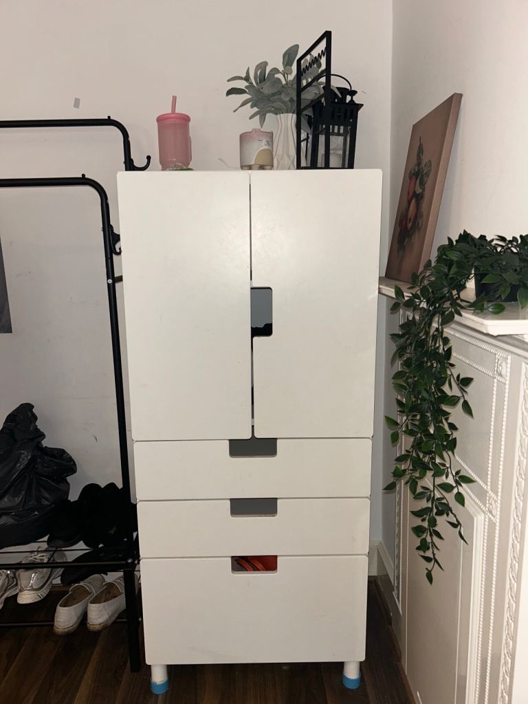 White Wood Storage Unit with Drawers and Cupboard