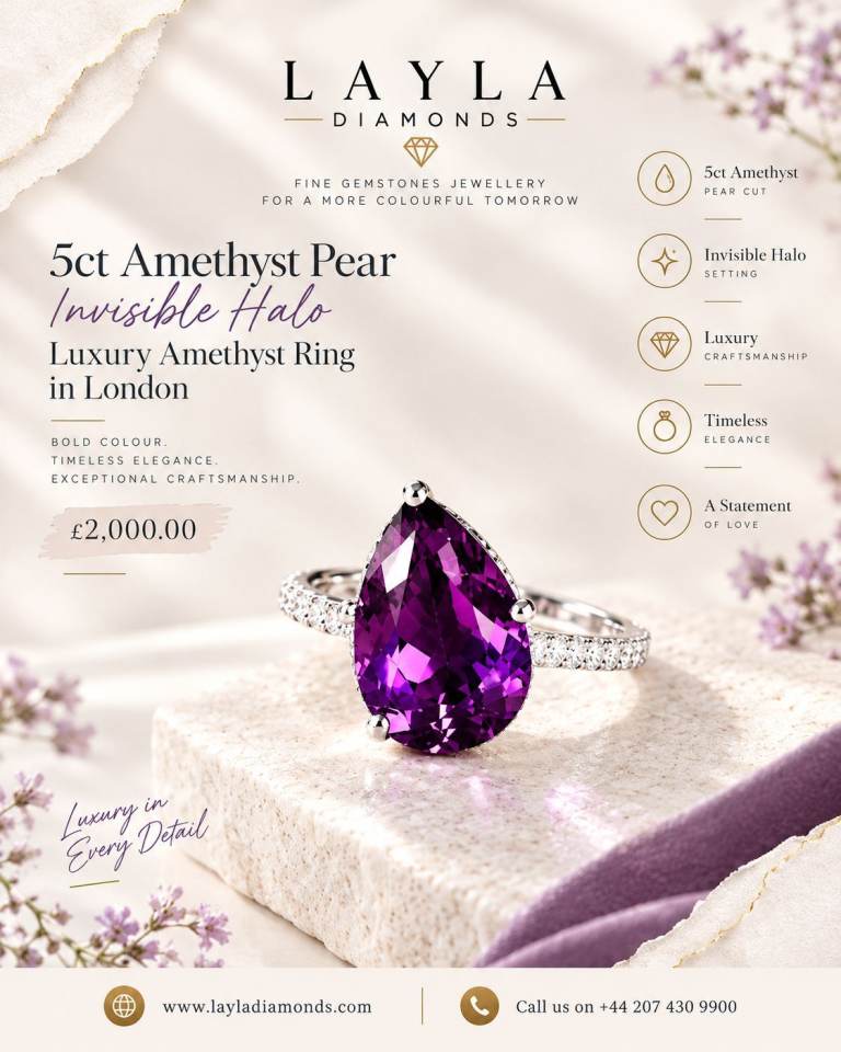 Layla Diamonds 5ct Amethyst Pear Invisible Halo Ring