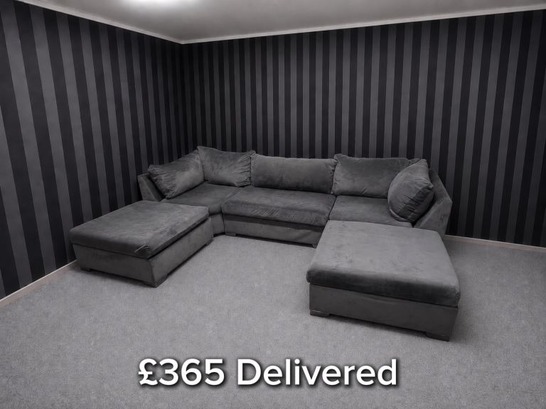 DELIVERY AVAILABLE - Large Grey Suede U Shaped Corner Sofa 