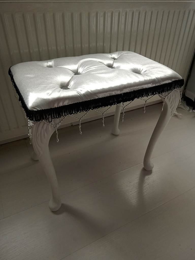 White Dressing Table Stool with Black Fringe – Good Condition
