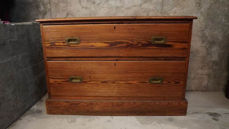 Antique Pitched Pine Campaign Chest Of Drawers
