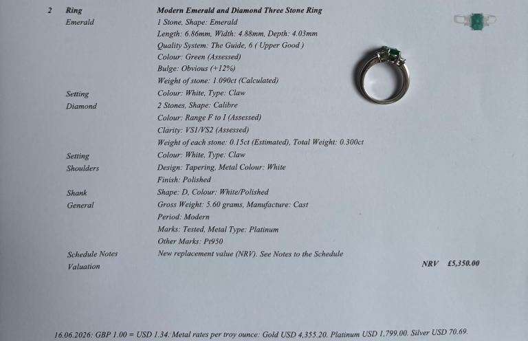 Modern Platinum Emerald and Diamond Three Stone Ring