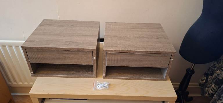 Two New Light Wood Effect Floating Bedside Tables with Drawers