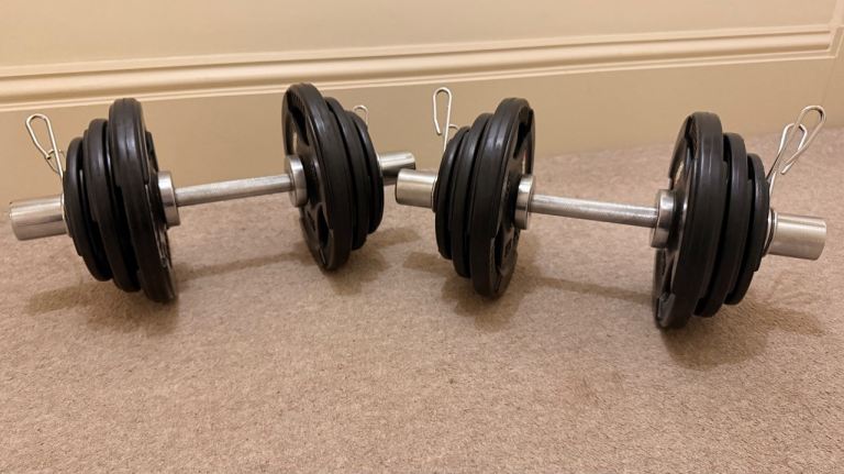 Bodypower Olympic rubber tri-grip weight plates and two dumbbell bars (35Kg) with spring collars.