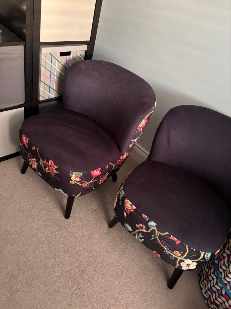 Pair of blue velvet cocktail accent chairs mint condition floral pattern 