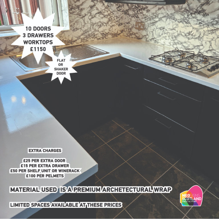 10 doors 3 drawers including worktops Premium Full Kitchen Wrap September Special Offer Book Now