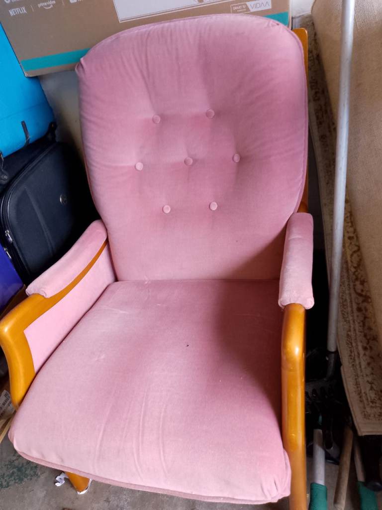 Pink Fabric Armchair with Wooden Frame