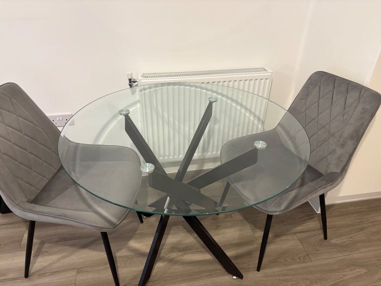Modern Glass Dining Table with Grey Velvet Chairs – Excellent Condition