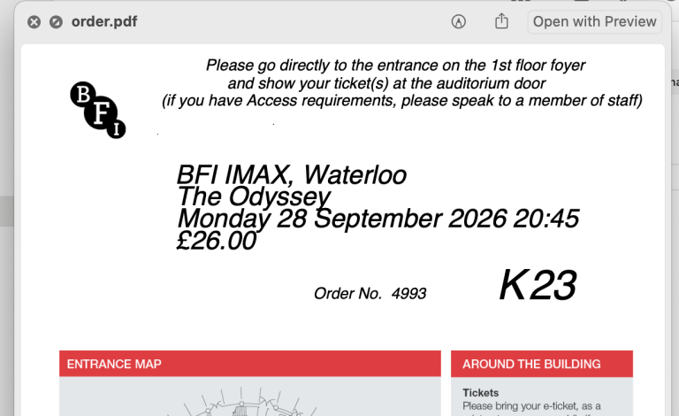 x1 The Odyssey ticket - BFI IMAX 28 September 2026