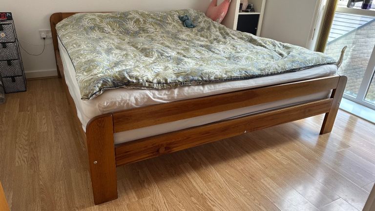 Wooden Double Bed Frame with Slats – Good Condition